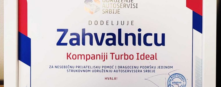 Udruženje autoservisera Srbije uručilo zahvalnicu kompaniji Turbo Ideal