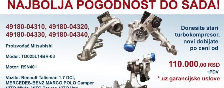 Nov turbokompresor za Renault Talisman 1.7 DCI  u našoj ponudi!