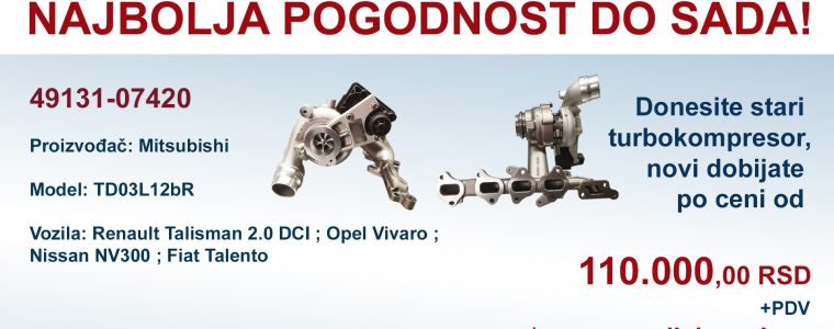 NOV TURBOKOMPRESOR ZA RENAULT TALISMAN 2.0 DCI U NAŠOJ PONUDI!